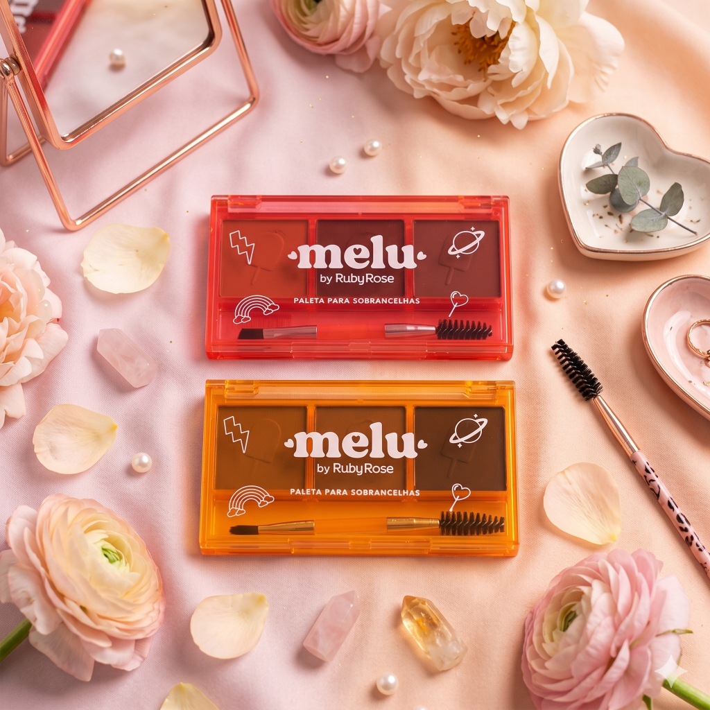 Paleta Sombra Sobrancelha Melu Ruby Rose 3 Cores + Pincel Duo Alta Pigmentação