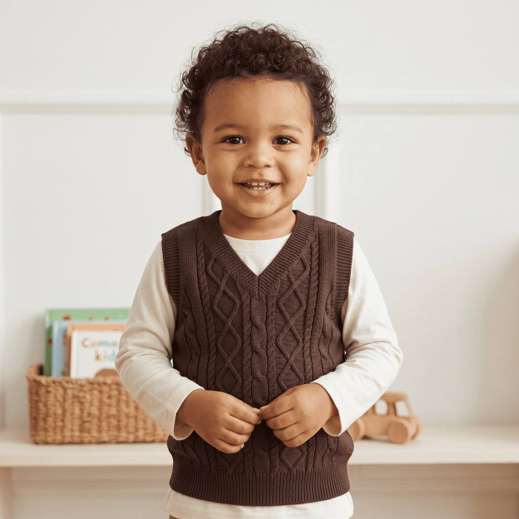 Blusa Colete Infantil unisex de 1 a 3 anos Gola V Detalhes Aran e Tranças Confortável Casual