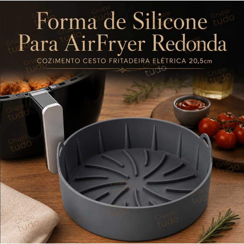 Forma de Silicone Para AirFryer Redonda Cozimento Cesto Fritadeira Elétrica 20,5cm