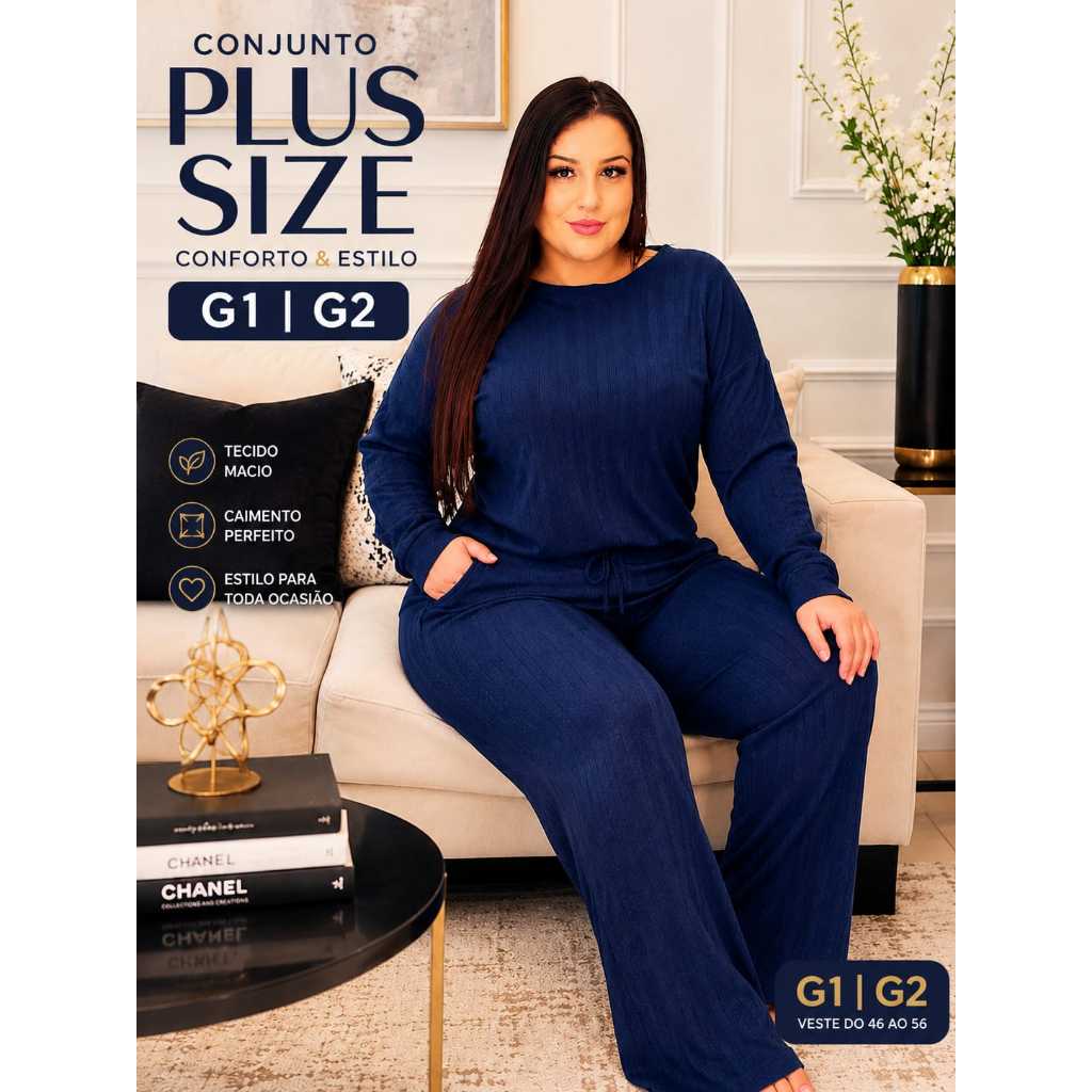 Conjunto feminino Plus Size Lanzinha tricot Monte Sião Manga longa Calça Pantalona com Elástico Quemtinha