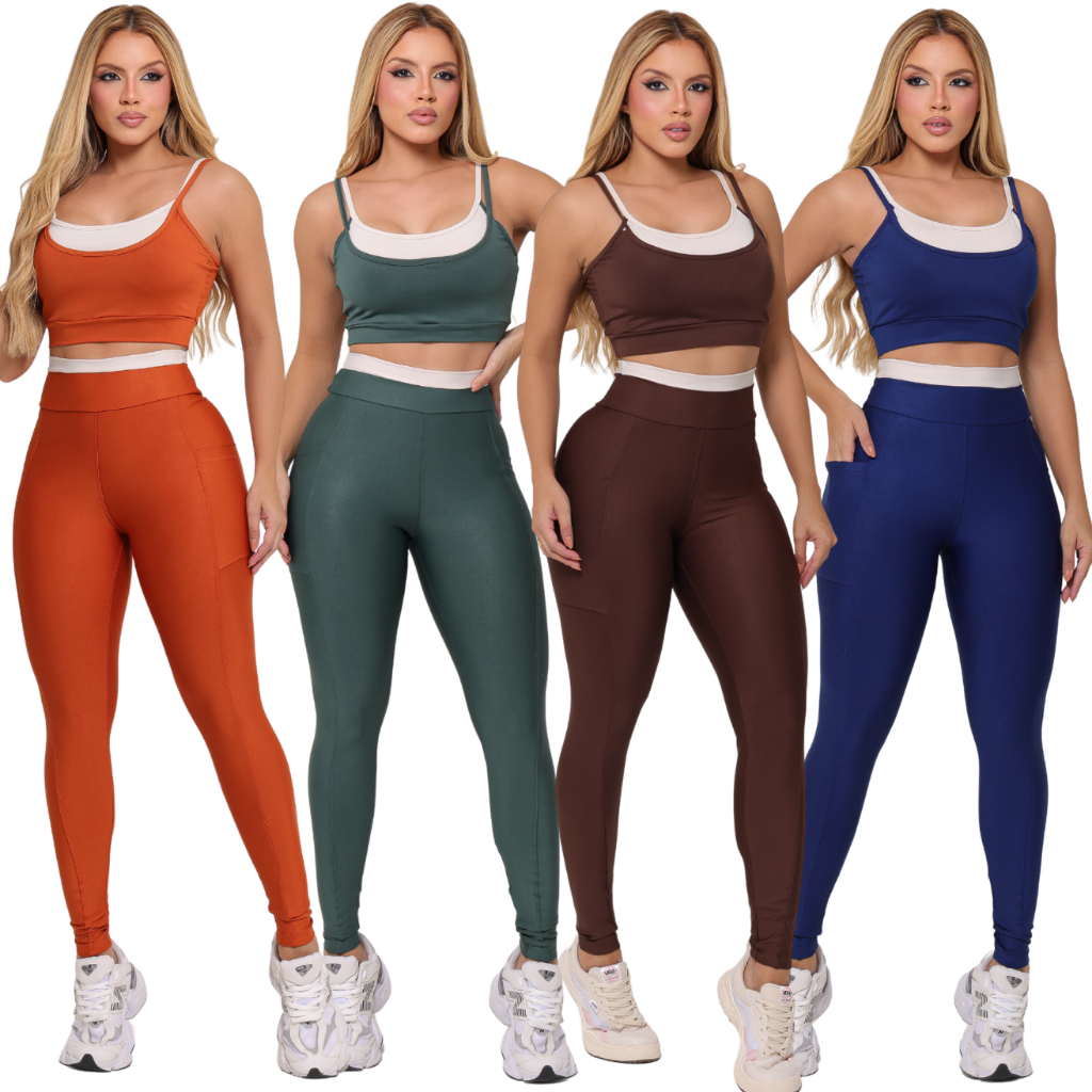 Kit 4 Conjuntos Academia Feminino Legging Cintura Alta Top Fitness Sem Transparência Cós Alto Top Fitness Confortável
