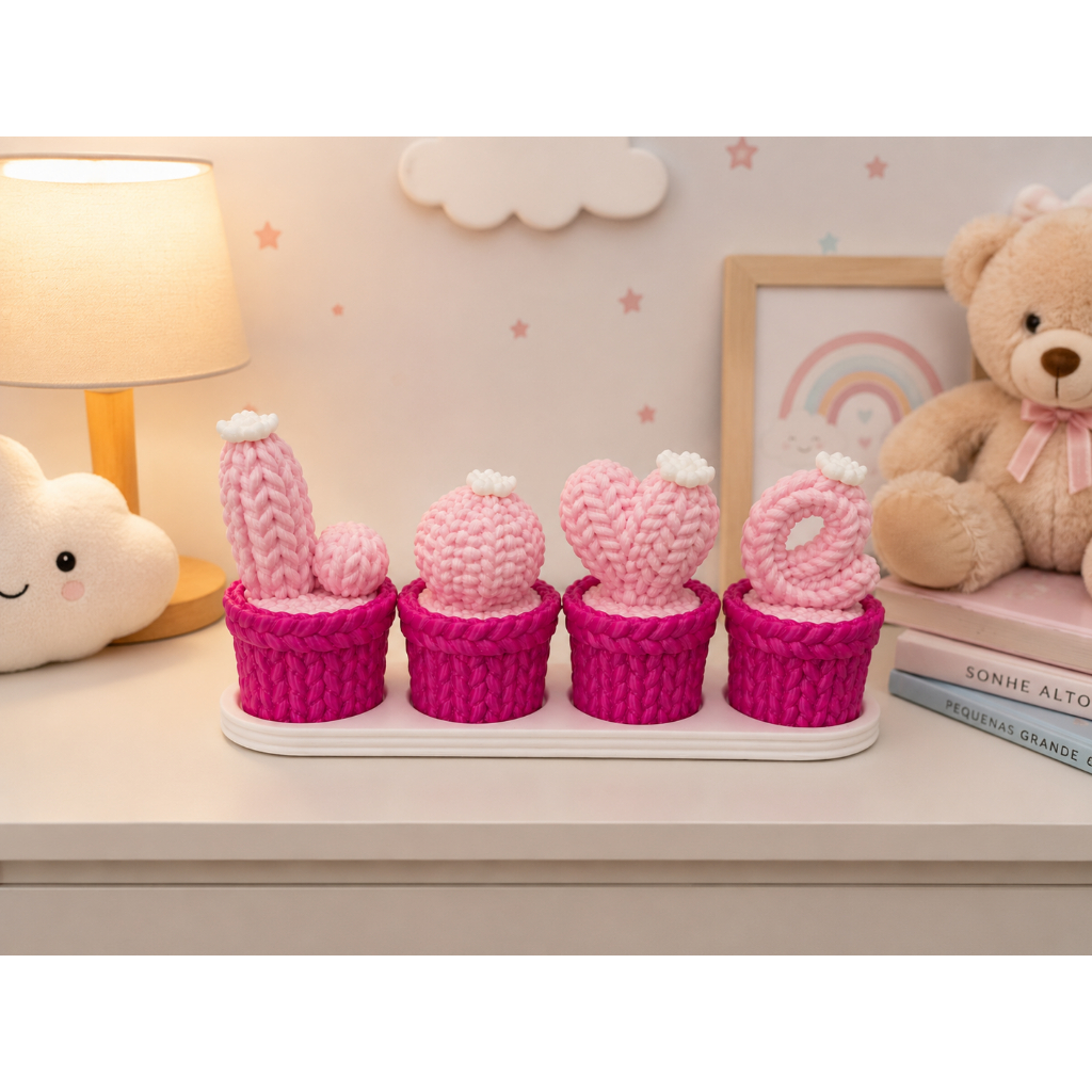 Mini Cactos Decorativos Rosa – Decoração Quarto Infantil – Kit Decoração Delicada – Impressão 3D – Presente Criativo –