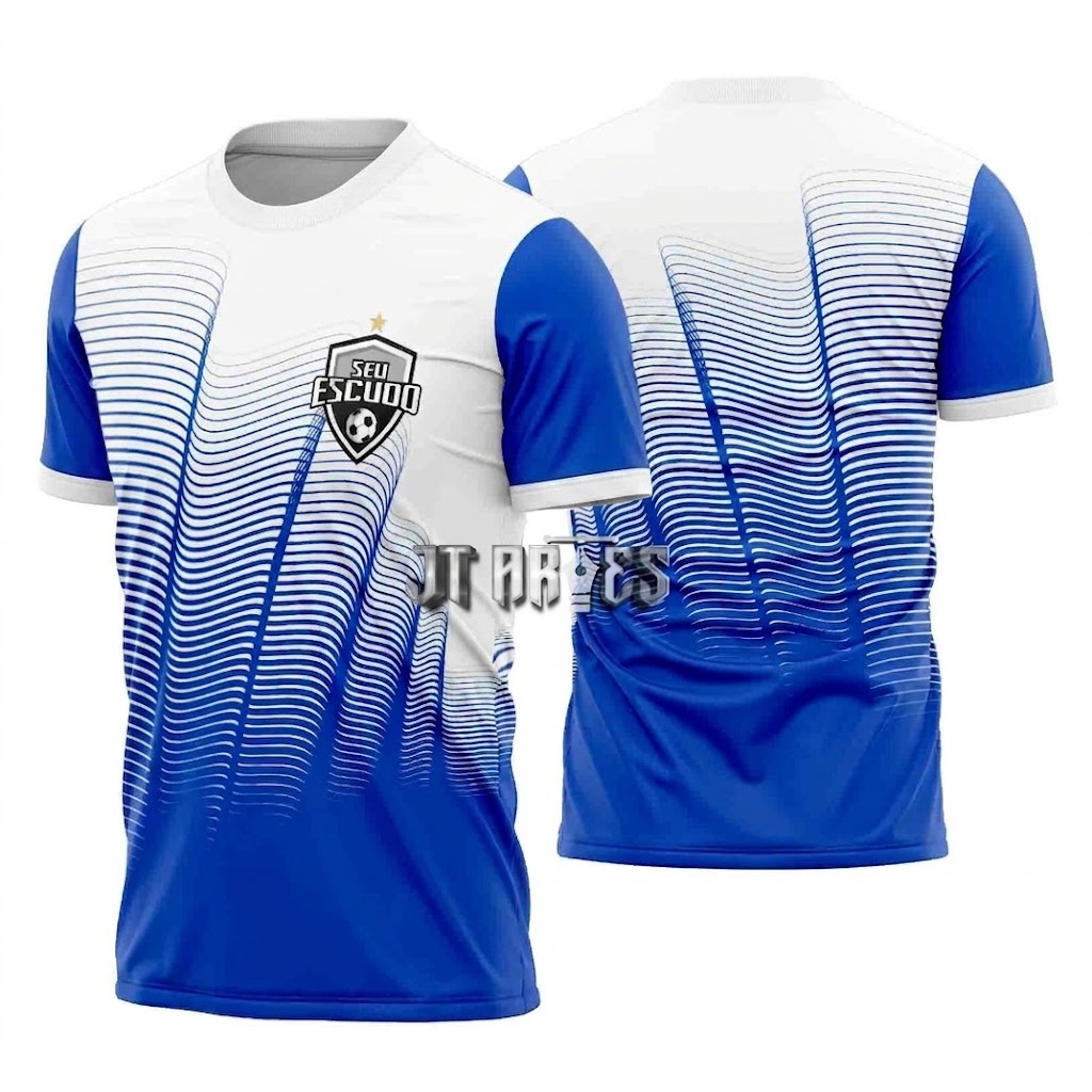 Uniforme jogador futebol amador esportivo interclasse camiseta e calção personalizavél nome número escudo AZUL