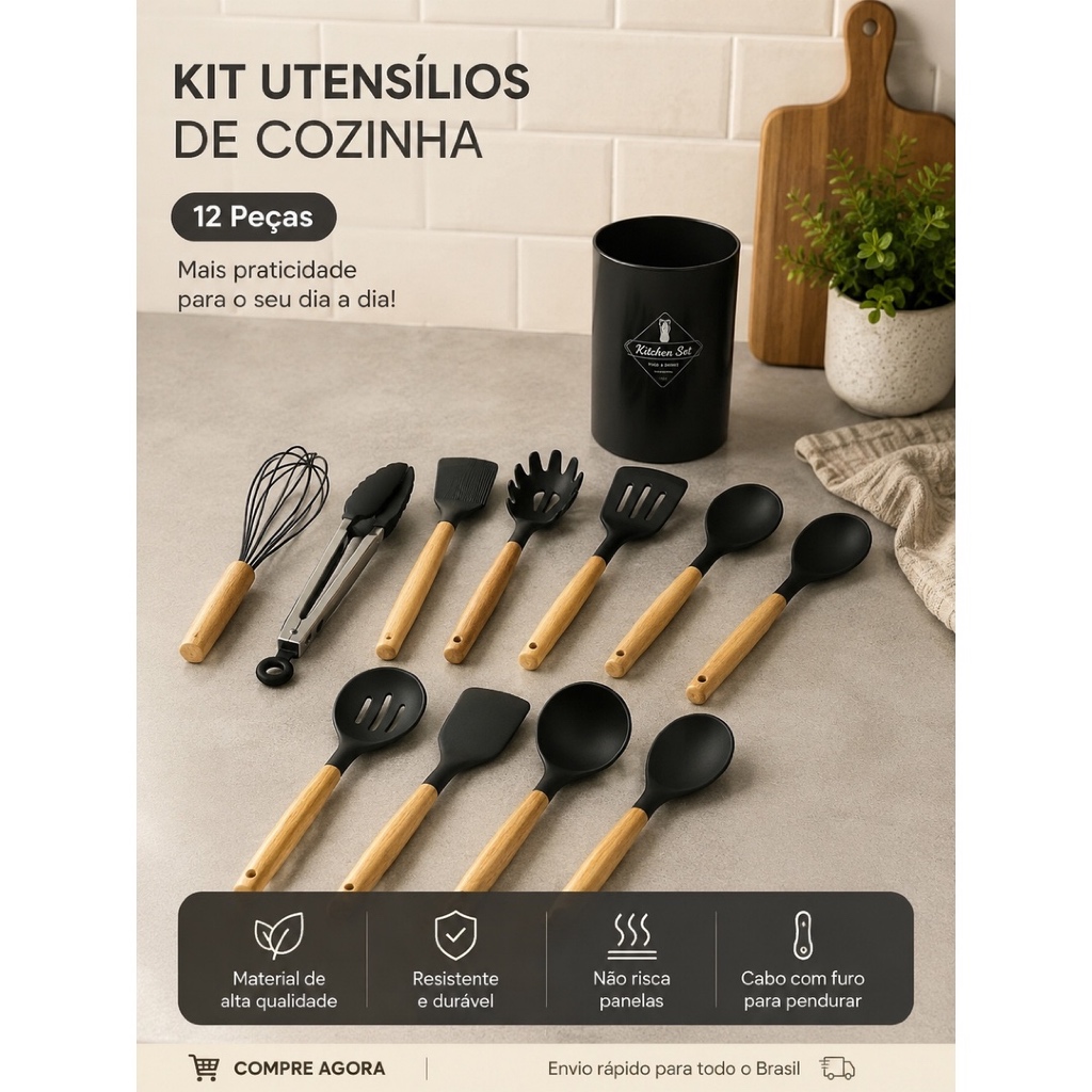 Kit Utensílios de Cozinha Silicone 12 Peças Cabo Madeira Antiaderente Completo com Suporte