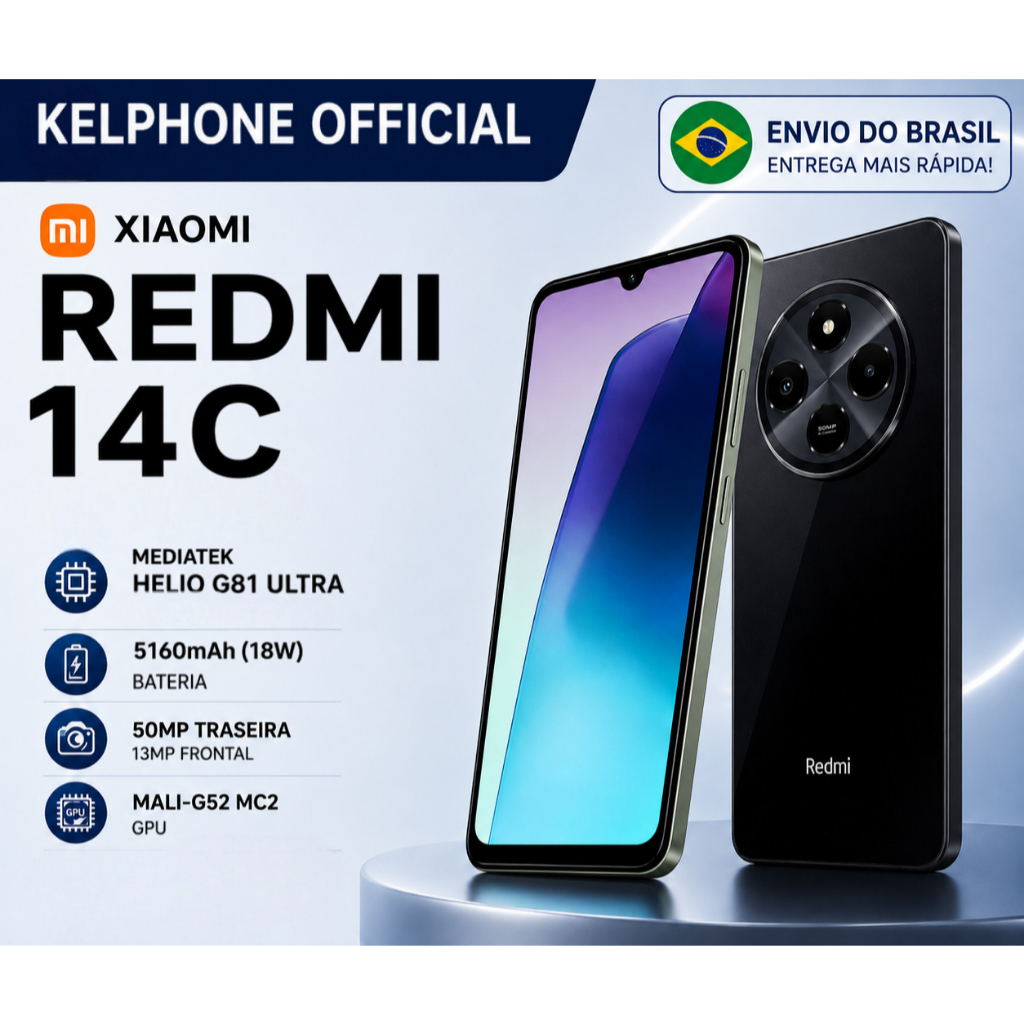 Smartphone Original Novo Xiaomi Redmi 14C Dual Sim Tela 6,88 Polegadas 4GB RAM 64GB Câmera 50MP