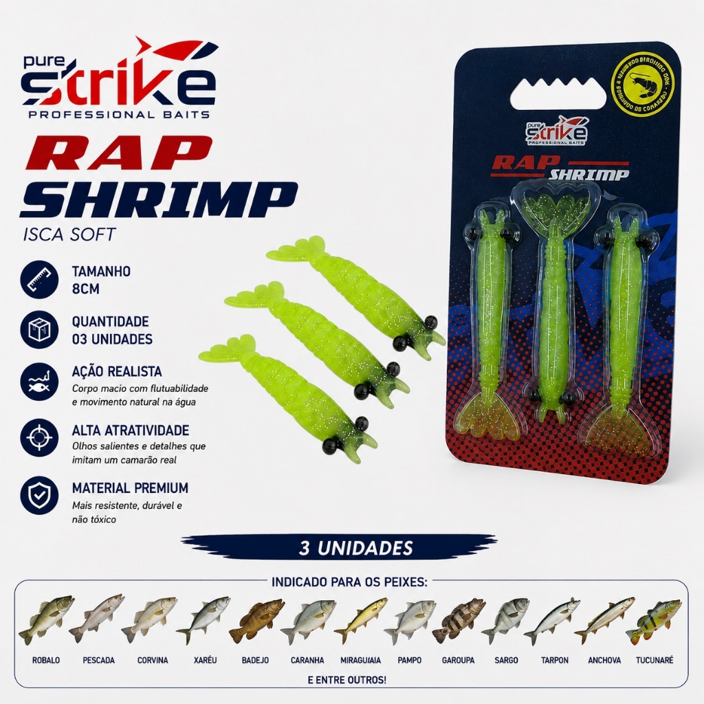 Isca soft Camarão Rap Shrimp robalo linguado corvina 8cm c/ 3un Pure Strike