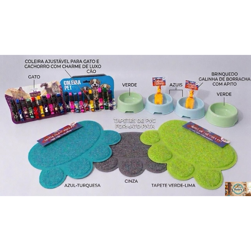 Kit Pet Completo 5 Peças - Tapete PVC Pata + Bebedouro + 2 Coleiras + Brinquedo Galinha (Cães e Gatos)