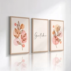 Quadro Decorativos 3 peças Folhas Delicadas Gratidão