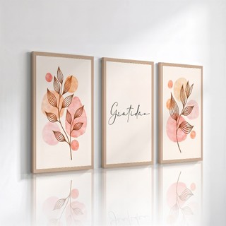 Quadro Decorativos 3 peças Folhas Delicadas Gratidão