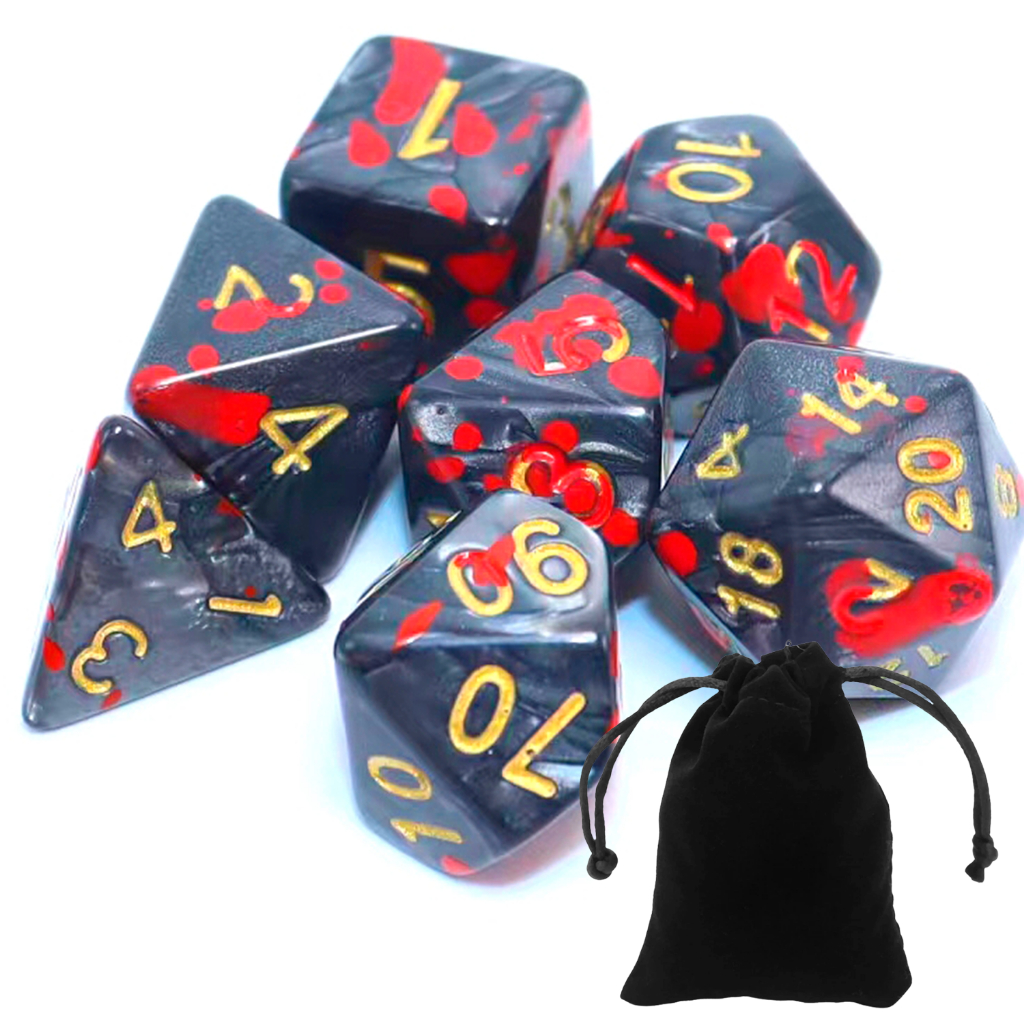 Kit 7 Dados Rpg Marmorizado Sangue Preto com Dourado Boardgame D4 D6 D8 D10 D10% D12 D20