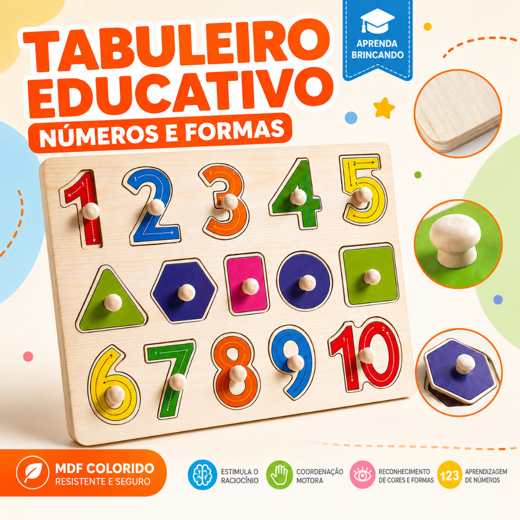 Brinquedo Educativo Infantil Tabuleiro MDF Encaixe Números e Formas Geométricas Pedagógico