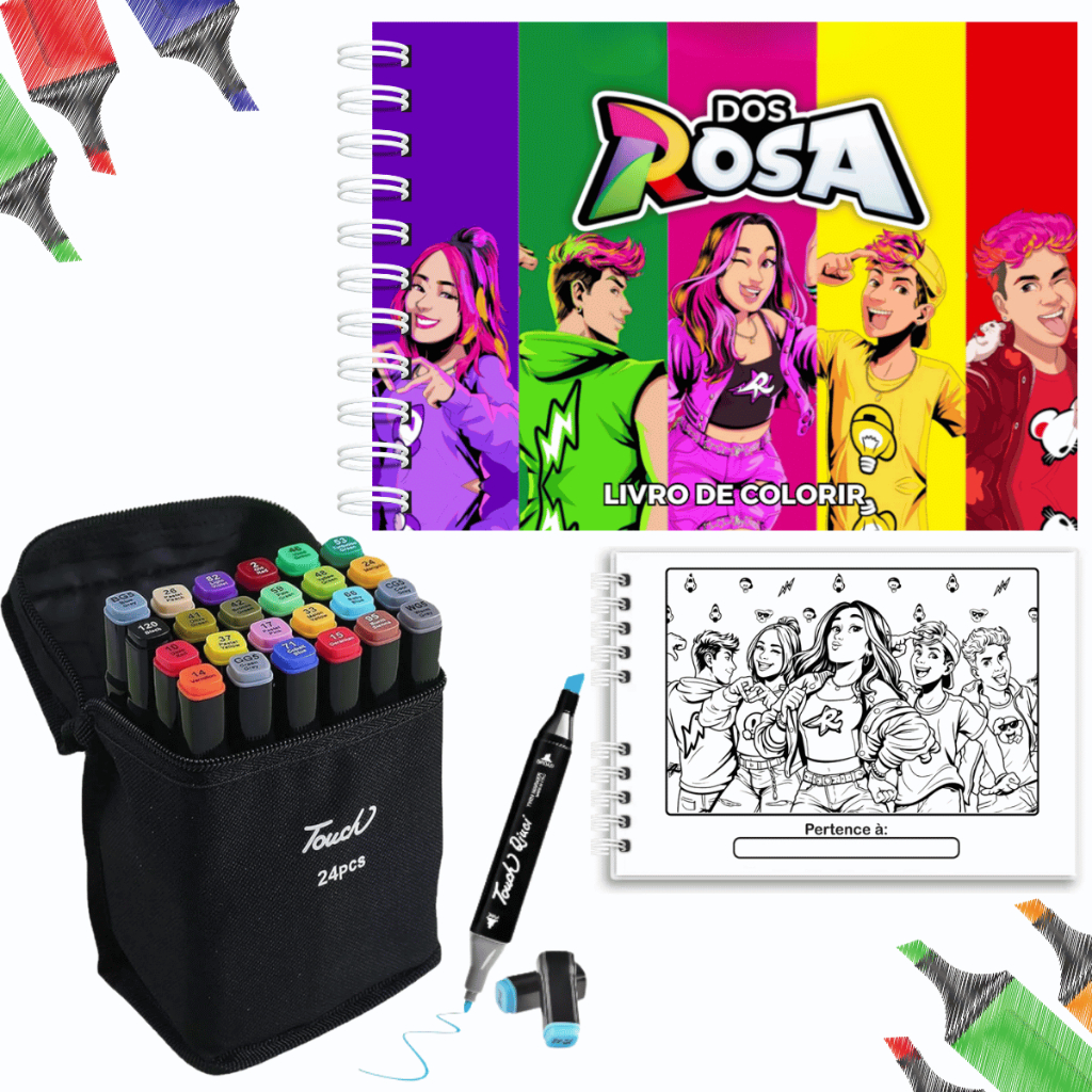 Kit Livro de Colorir Dos Rosa Capa Dura + Canetinhas Ponta Dupla