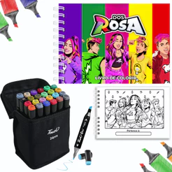 Kit Livro de Colorir Dos Rosa Capa Dura + Canetinhas Ponta Dupla