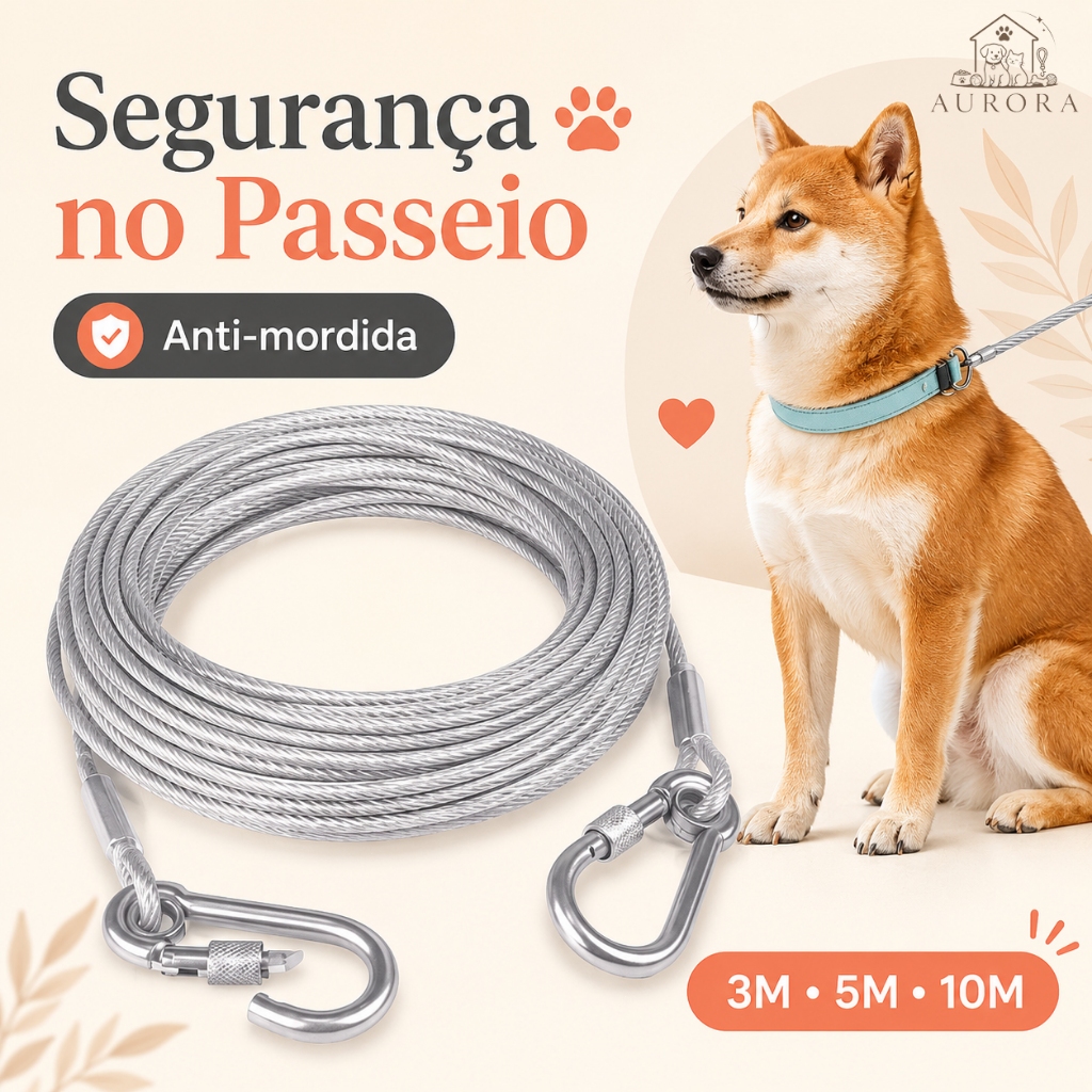 Cabo de Aço Reforçado para Cães Revestido Cristal 3M 5M 10M para Passeio e Área Externa