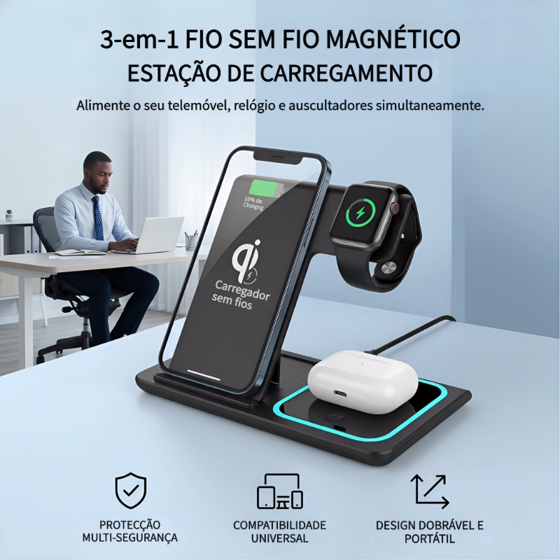 Carregador 3 em 1 Magnético Sem Fio, Estação Rápida Dobrável para iPhone/Android, Apple Watch AirPods Fones de ouvido BT