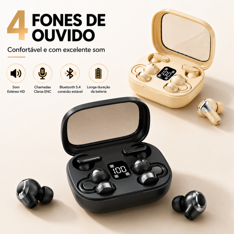 Kit 4 Fones de Ouvido Bluetooth 5.4 Sem Fio Estéreo HD ENC Cancelamento de Ruído Com 2 Pares