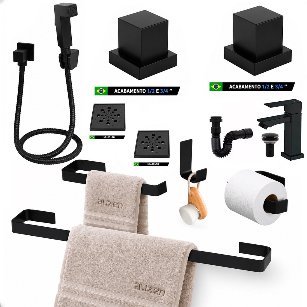 Kit De Acessórios Para Banheiro Preto Com Torneira Ralo click inteligente e Sifão