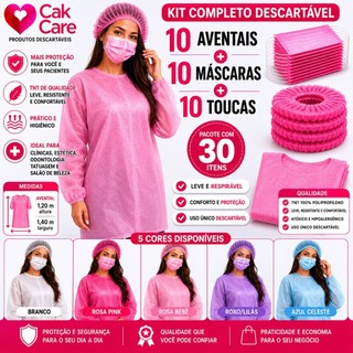 (KIT 30 ) 10 TOUCAS+10 MÁSCARAS+10 AVENTAL MANGA LONGA Descartáveis Profissional