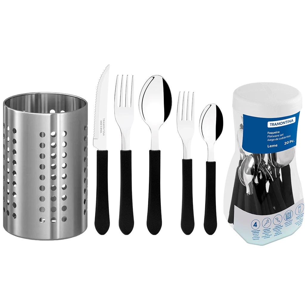 Jogo De Talheres Faqueiro Tramontina Inox Leme Preto 20 Peças Com Suporte De Tal