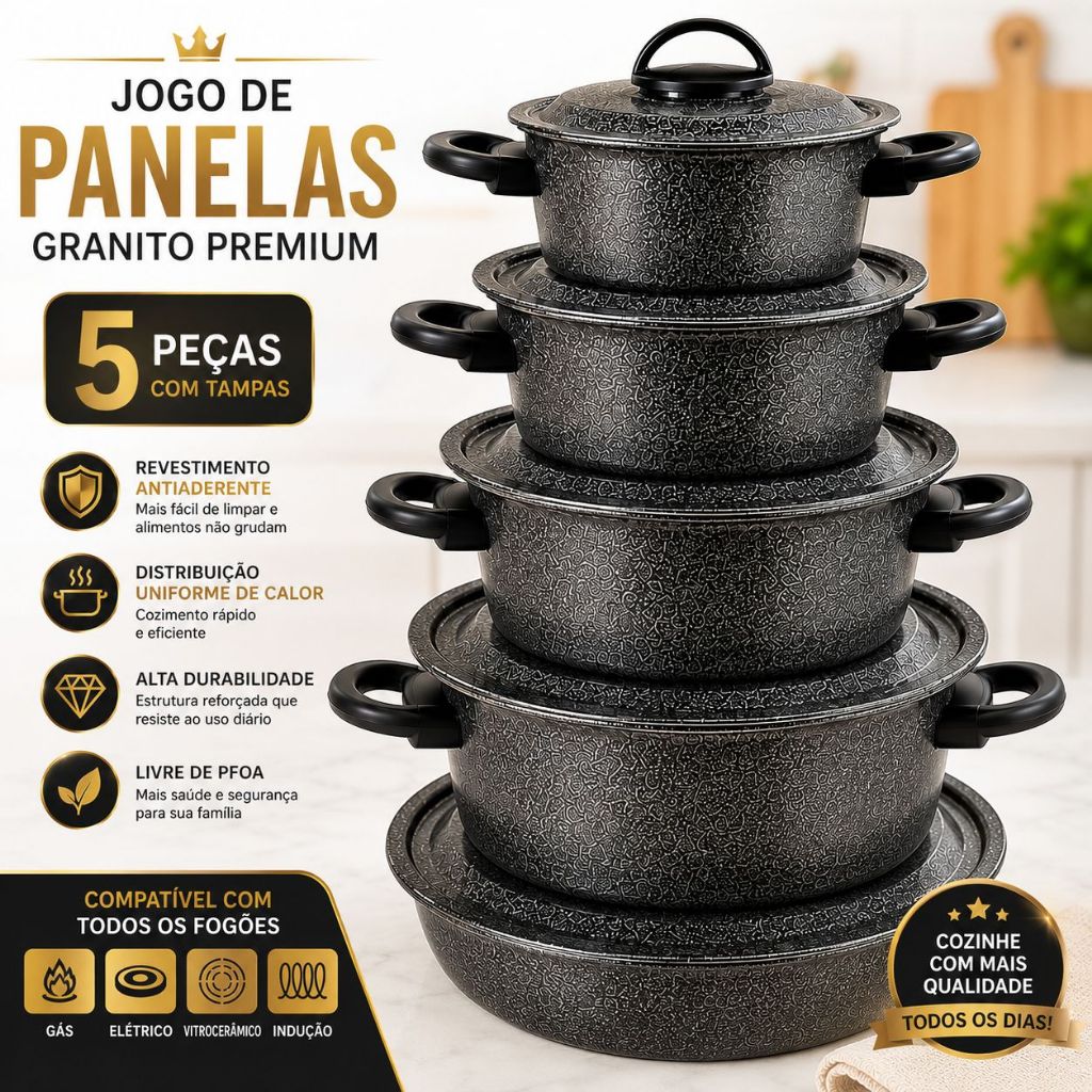 Imagem JOGO DE PANELA COM 5 PEÇAS, REFORÇADA, PREMIUM, AUMÍNIO FORTE.