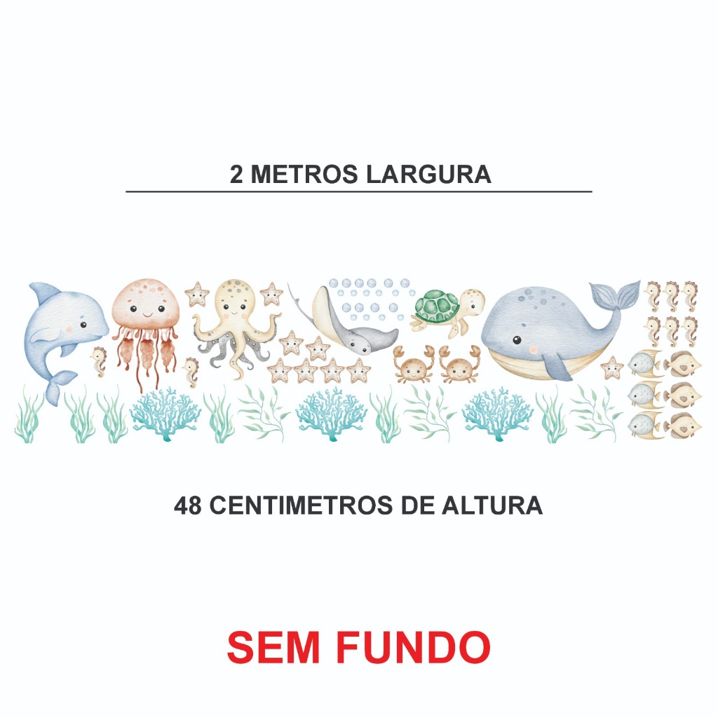 Adesivo de parede sem fundo em recorte fundo do mar baleia peixes estrela algas Algidecor