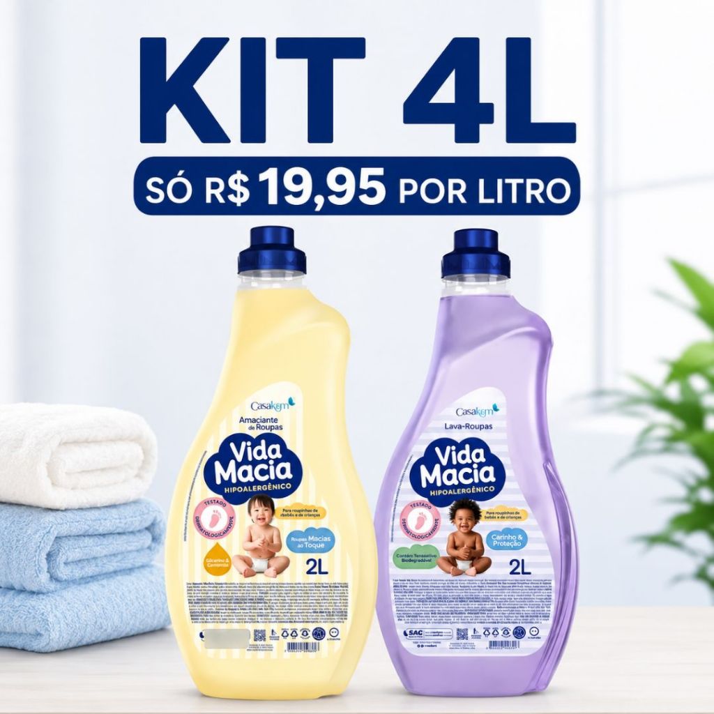 Kit Vida Macia 4L – Lava Roupas Líquido (2L) + Amaciante Camomila/amêndoas (2L) Hipoalergênico Bebê