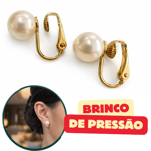 Brinco de Pressão Sem Furo Pérola Clássica 8/10/12mm Folheado a Ouro - Escolha tamanho - não pesa