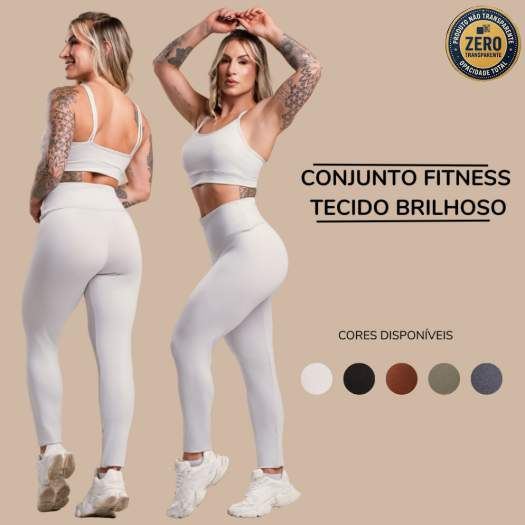 Conjunto Fitness Feminino Brilhoso Academia Top Cropped Alcinha e Calça Legging Lisa Cintura Alta ZERO TRANSPARÊNCIA