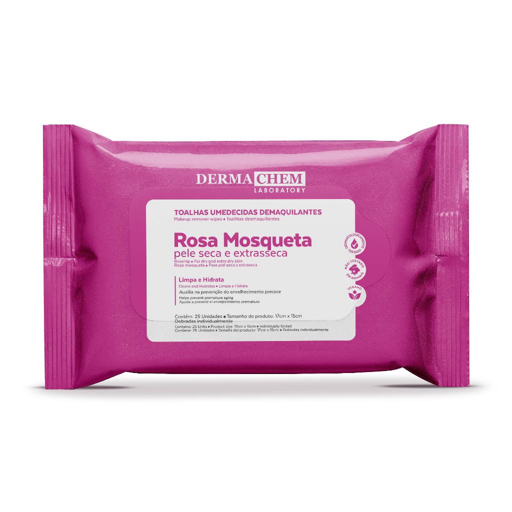 Toalhas Umedecidas Demaquilantes com Rosa Mosqueta 25 Lenços Limpeza e Hidratação da Pele Dermachem
