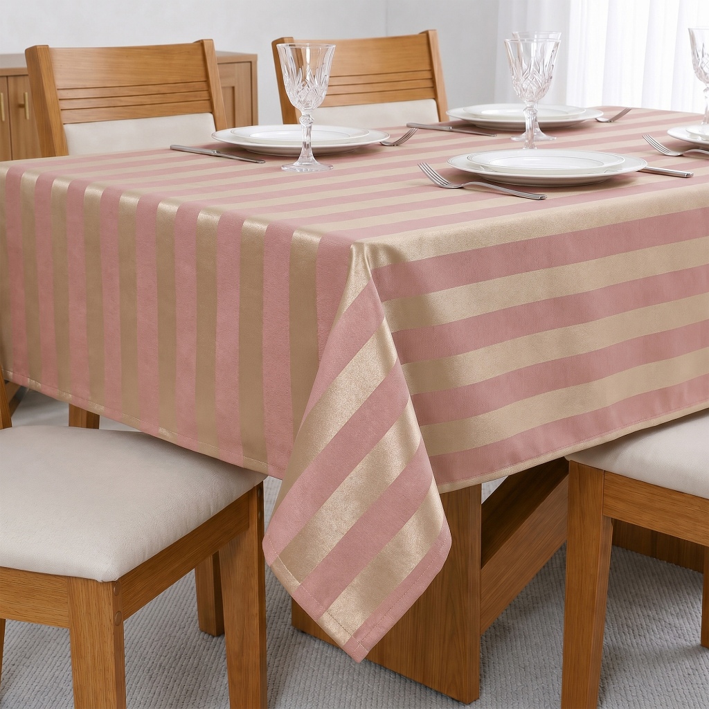 Toalha de Mesa Jacquard Tradicional Listrada 4 a 10 Lugares - Rosa e Dourado