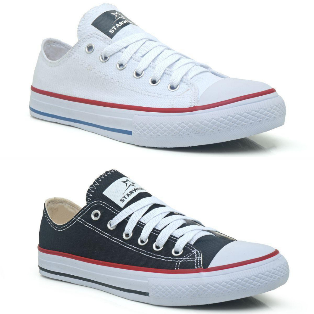 Kit 2 Pares Tênis Cano Baixo Unissex Star world All Confortável Preto Branco Casual