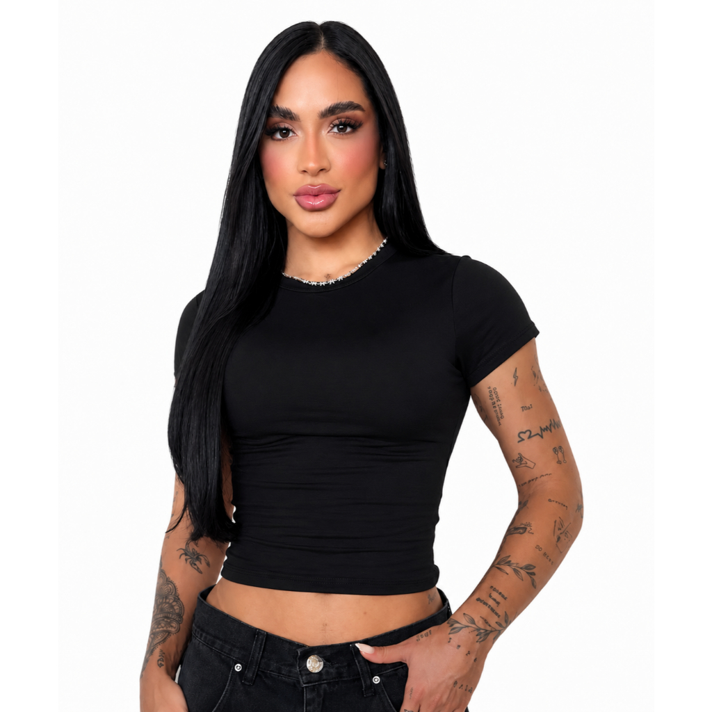Blusa Baby Look Tee Feminina Manga Curta Slim Fit BASÍCA Suplex Premium Tendência. — imagem 2 de 2