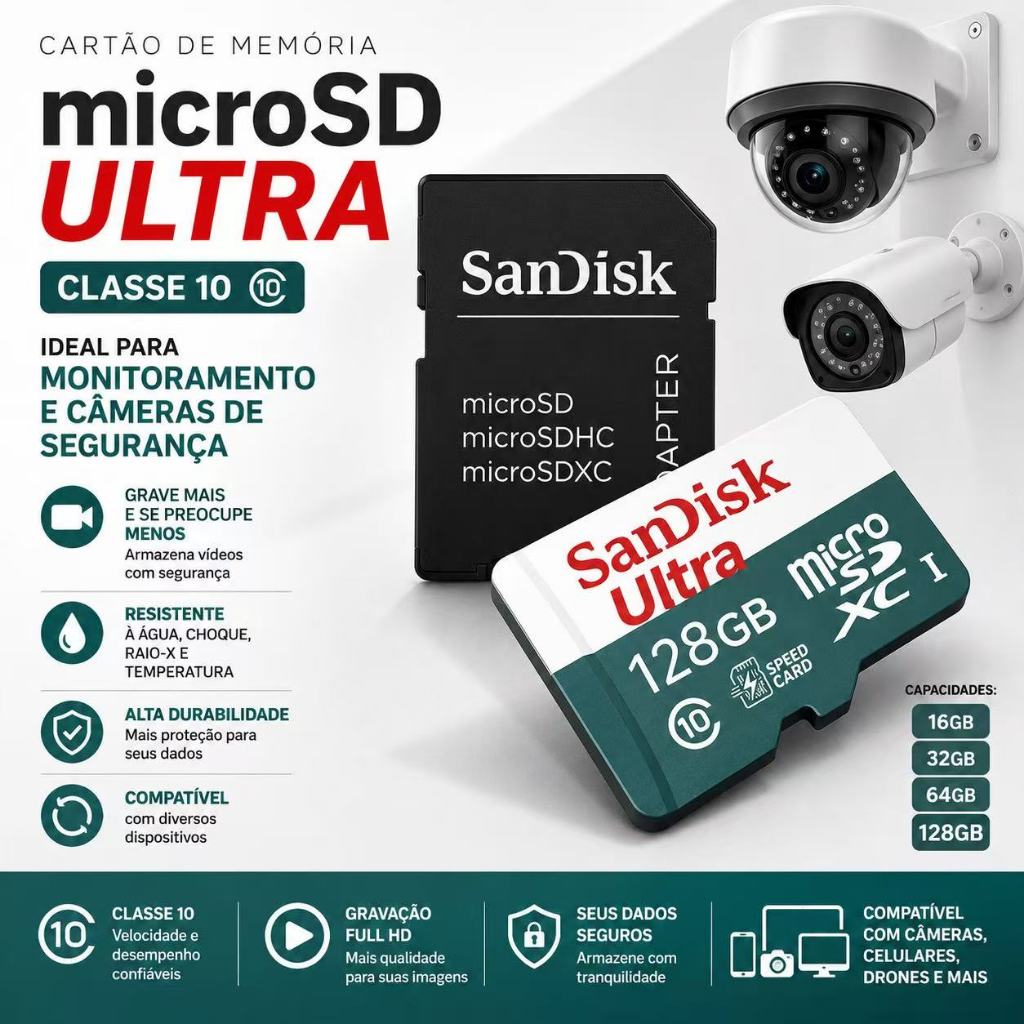 Cartão de Memória MicroSD Classe 10 Ultra – 64GB e 128GB para Monitoramento e Câmeras de Segurança