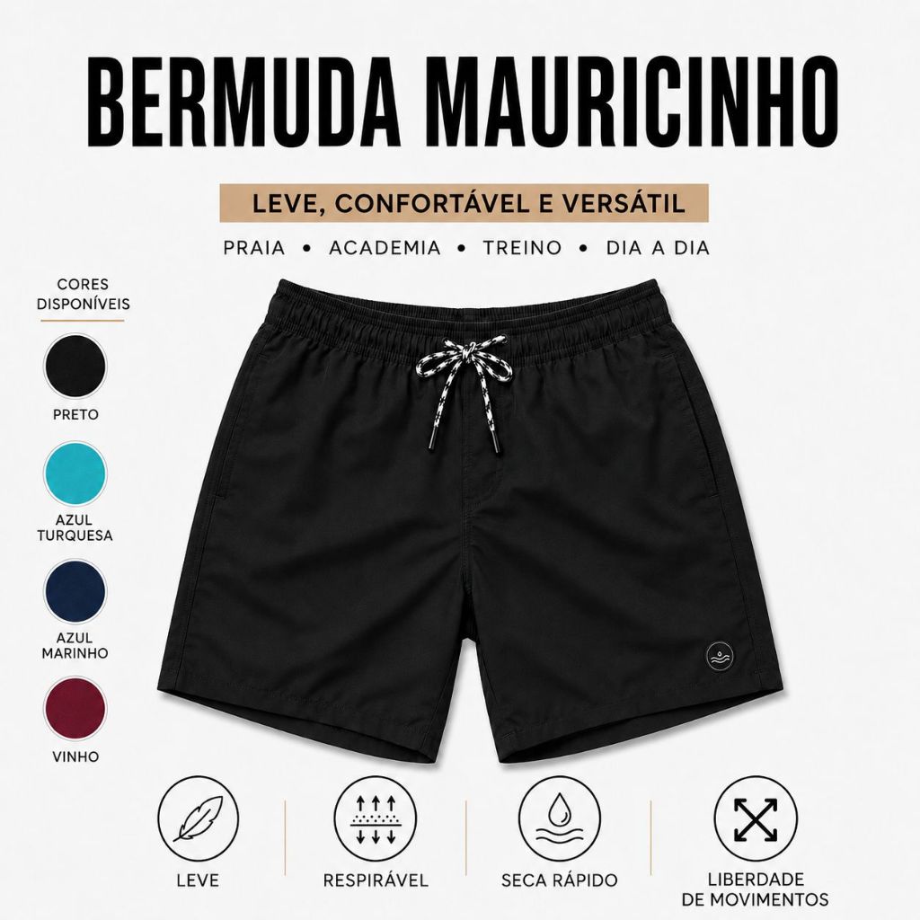 Bermuda Mauricinho, Shorts Masculino Tactel, Elastano, Academia, Praia, Piscina, Secagem Rápida