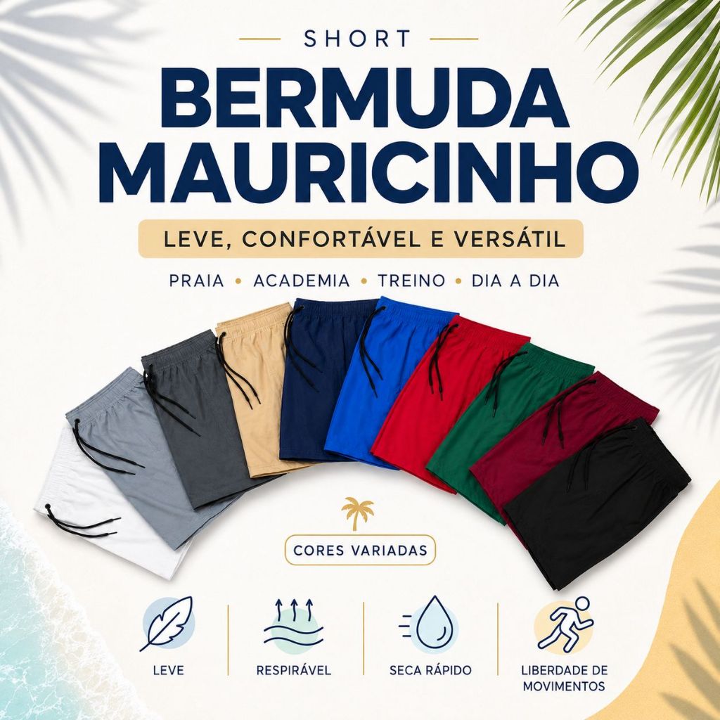 Kit 3 Bermudas Mauricinho, Shorts Masculino Tactel, Elastano, Academia, Praia, Secagem Rápida