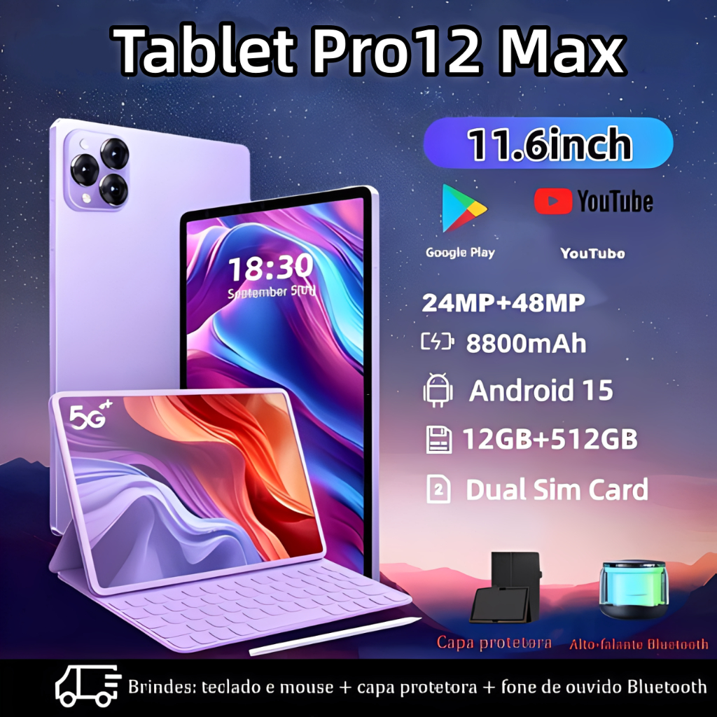 【Teclado e mouse gratuitos】Tablet Pro12 Max - Tablet Android de 11,6 polegadas,12 GB + 512 GB, bateria de 8800mAh