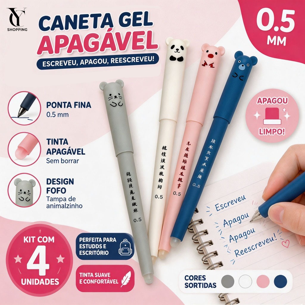 4/8/12 PCS Canetas Apagáveis 0.5mm Fofa Kawaii Animais Material Escolar e Escritório 1063