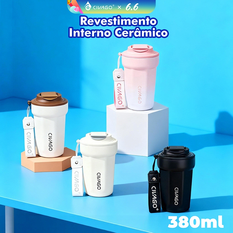 Civago Copo Térmico  380mL Garrafa Térmica Café Chá bebida gelada Revestimento Interno Cerâmico Com Tampa Quente/Frio