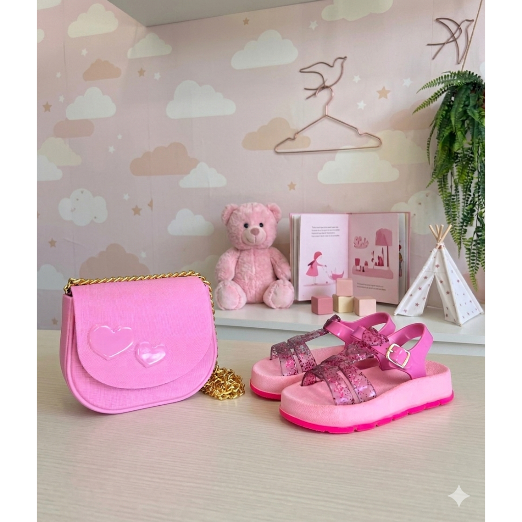 kit sandalia infantil + bolsa moderna e estilosa sandalia infantil com brilho bolsa infantil