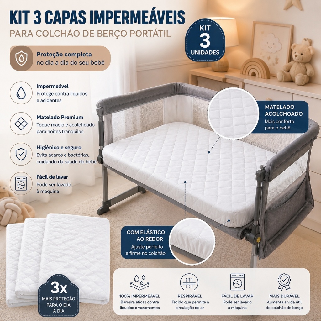 Kit 3 Capas Impermeáveis para Colchão de Berço Portátil Matelada com Elástico 88x48