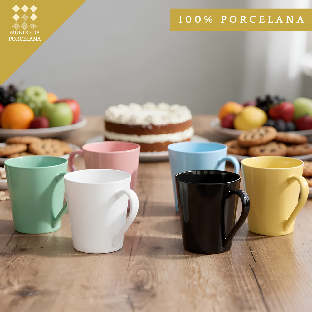 Jogo 6 Caneca Tulipa Lisa Café Chá Porcelana Lisa 250ml Colorida - Mundo da Porcelana