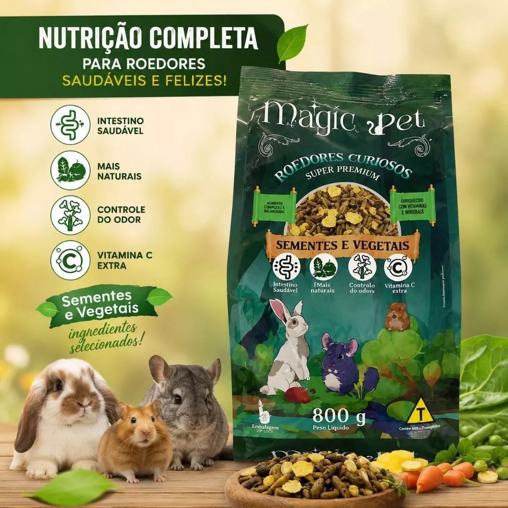Ração para Coelho Hamster Porquinho-da-Índia Magic Pet 800g Sementes e Vegetais Para Roedores