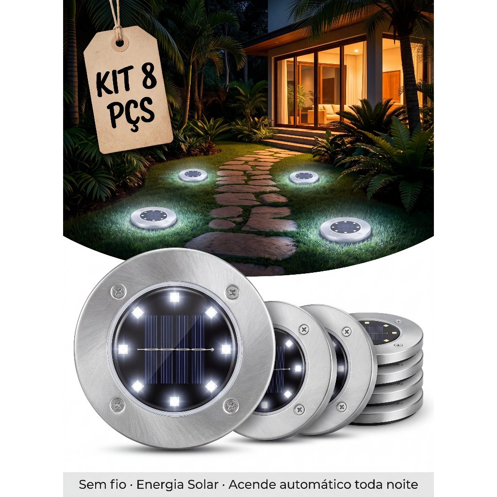 Kit 8 Luminarias Jardim Assoalho Solo Chão Placa Solar Grama LED Branca Decoração Lampada