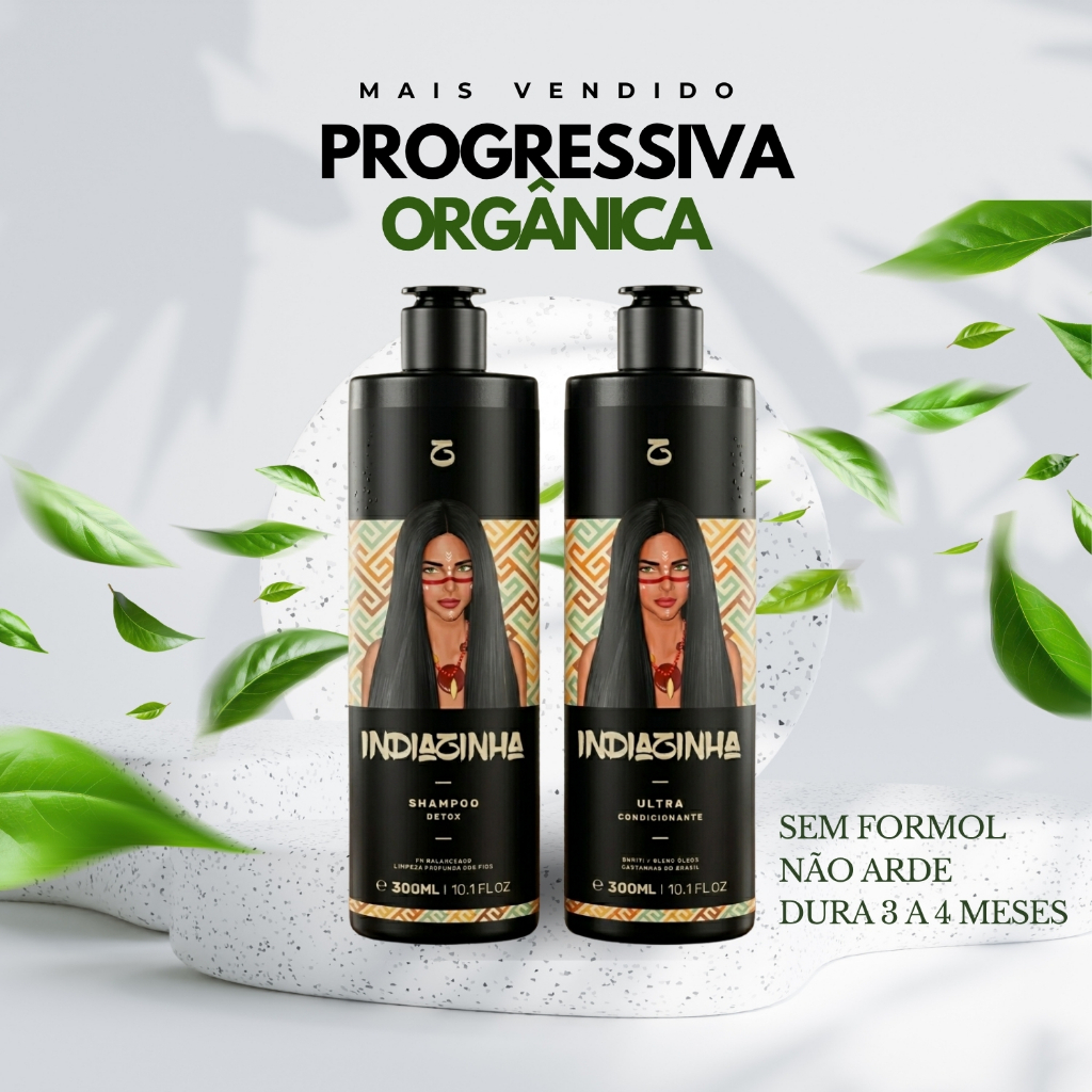 Escova Progressiva Orgânica Sem Formol Sem Cheiro Não Arde Liso Extremo 2x300ml - Indiazinha