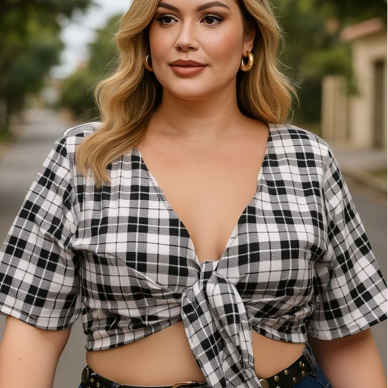 Blusa Feminina Xadrez Plus Size para Festa Junina Arraias São João Blusinha Cropped Multiformas Elegante e Estilosa
