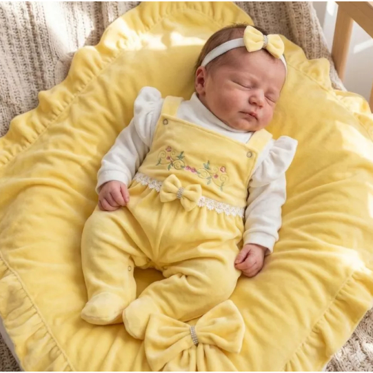 Saída Maternidade Bebê Menina Plush Amarela Rosa Salmão 100% Algodão 3 Peças