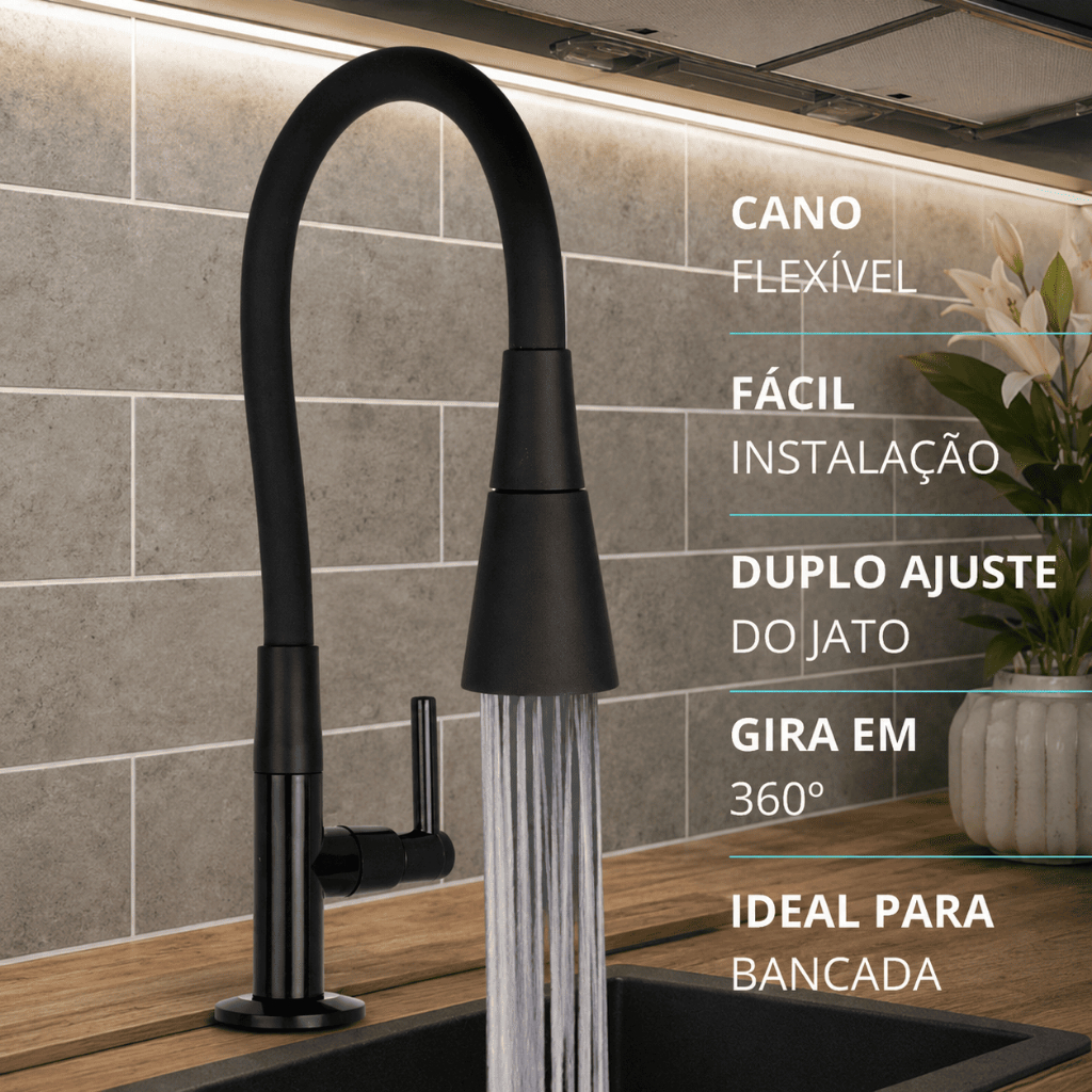 Torneira Gourmet Preta Flexível 2 Jatos Cozinha Bancada Mesa Mármore 1/4 Volta