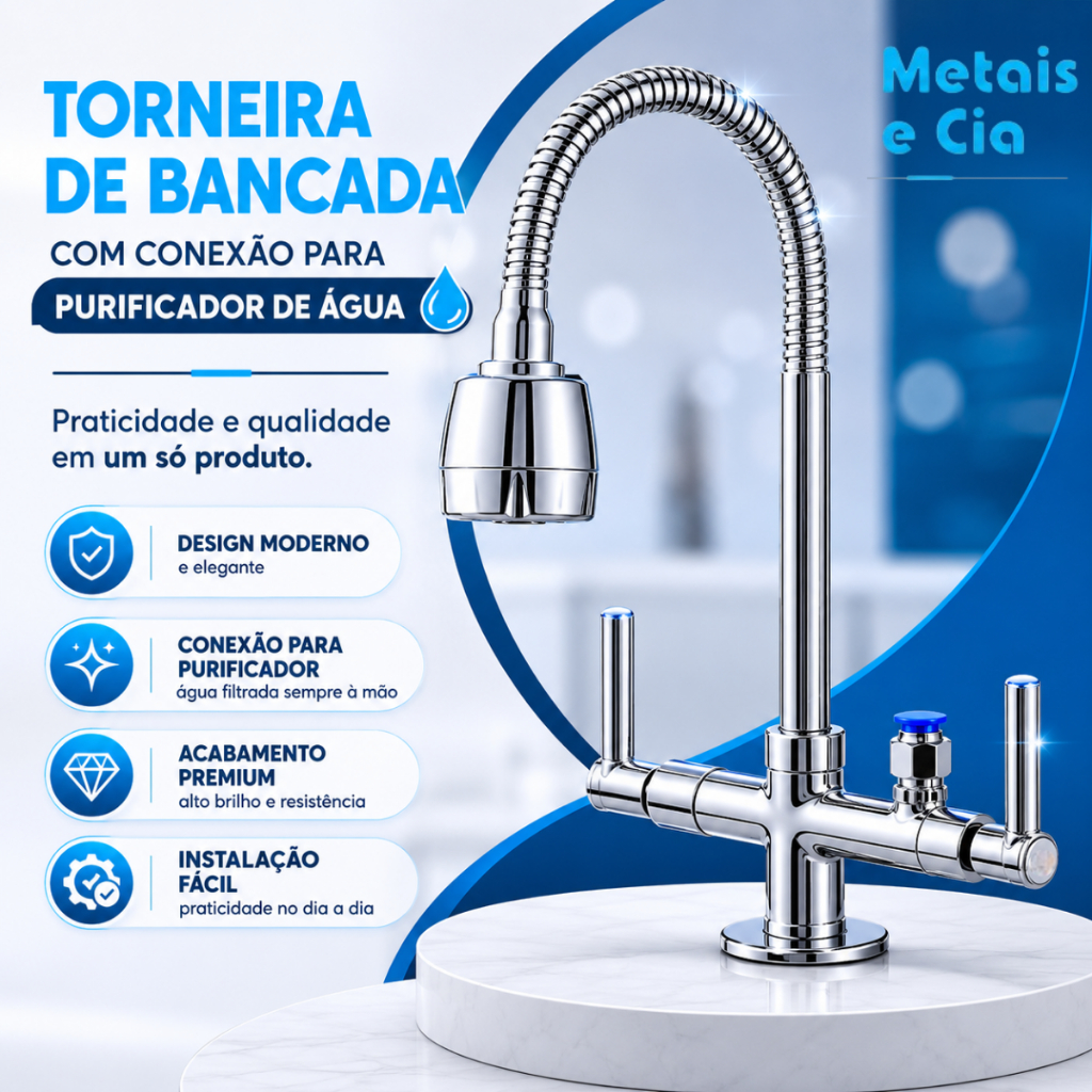 Torneira Sem Filtro Bancada e Parede Tubo Gourmet Inox Flexível Com Conexão Para Purificador