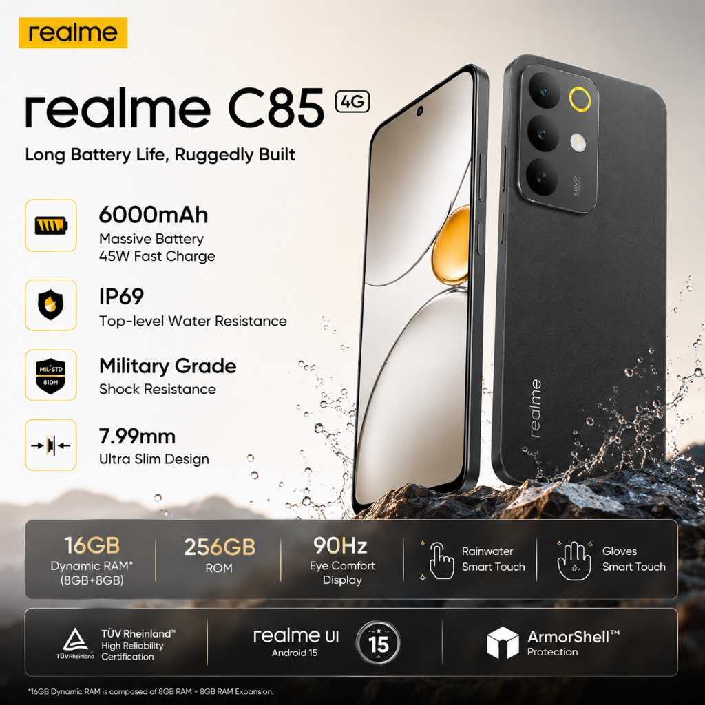 SMARTPHONE CELULAR REALME C85 4G (COM CAPINHA E PELÍCULA DE CORTESIA)