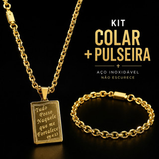 Kit Colar Masculino + Pulseira Aço Inoxidável Dourado Tudo Posso Filipenses 4:13